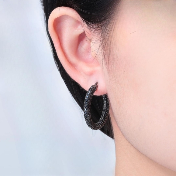 Black Pave Crystal Hoop Earrings Rhinestone Covered Blackened Metal Small Hoops - Picture 13 of 14